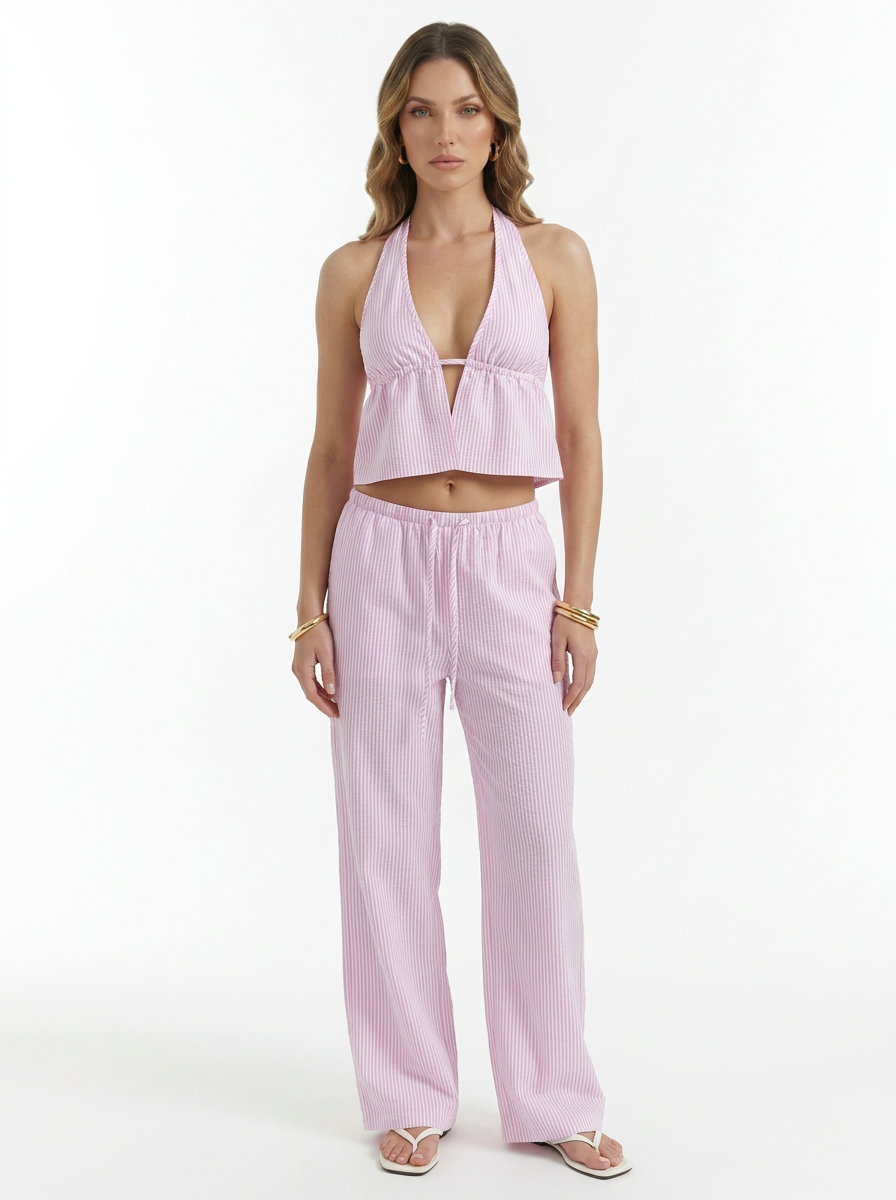 Striped Halter Top & Wide Leg Pants 2 Piece Set