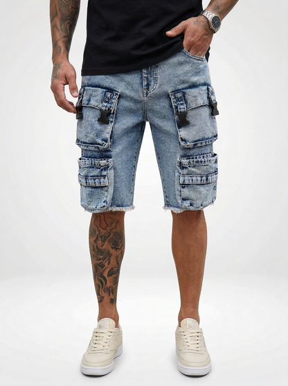 Light Wash Denim Jeans Cargo Bermuda Shorts for Men Distressed
