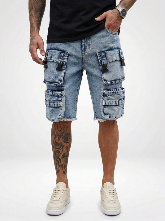 Light Wash Denim Jeans Cargo Bermuda Shorts for Men Distressed