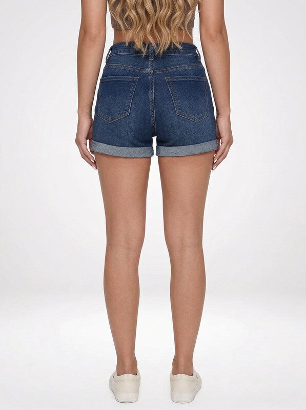 Cuffed Hem Denim Jeans Shorts for Women High Stretch Fit