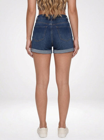 Cuffed Hem Denim Jeans Shorts for Women High Stretch Fit