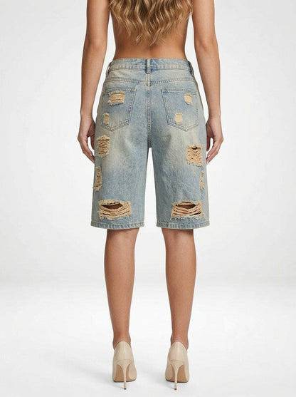 Denim Shorts for Women Distressed Bermuda Length Straight Leg