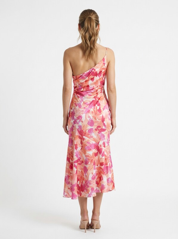 One Shoulder Floral Satin Midi Cocktail Dress