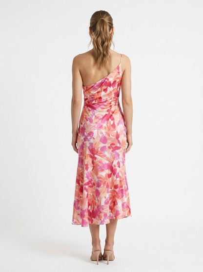 One Shoulder Floral Satin Midi Cocktail Dress