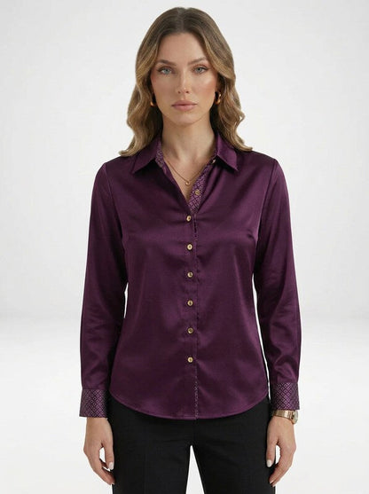 Women's Satin Long Sleeve Button-Up Blouse with Collar