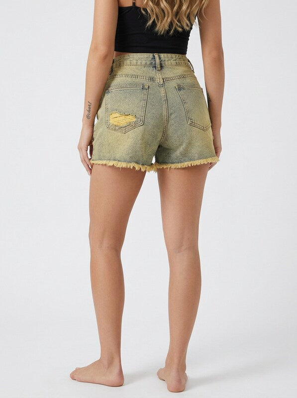 Women’s Structured Denim Jeans Shorts with Raw Edge Detail