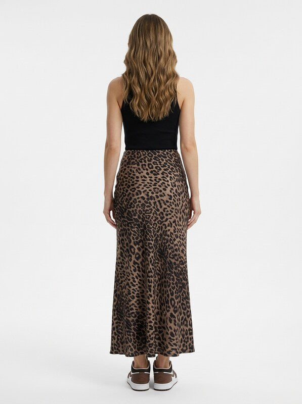 Leopard Print Satin High Waist Midi Skirt