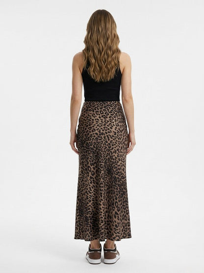 Leopard Print Satin High Waist Midi Skirt