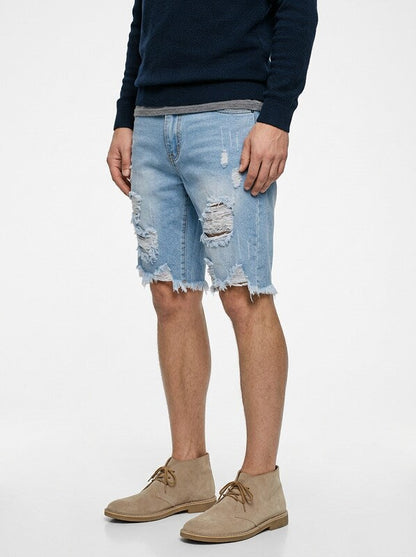 Men’s Distressed Denim Jeans Shorts Raw Hem Skinny Fit