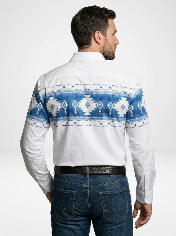 Men’s Retro Geometric Print Western Long Sleeve Cowboy Shirt