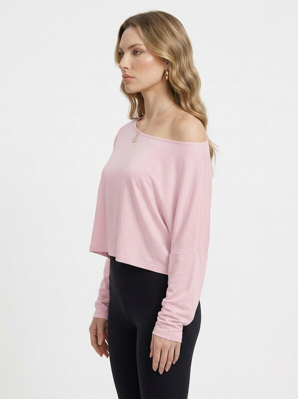 Women's Minimalist Batwing Sleeve Cold Shoulder Crop Blouse