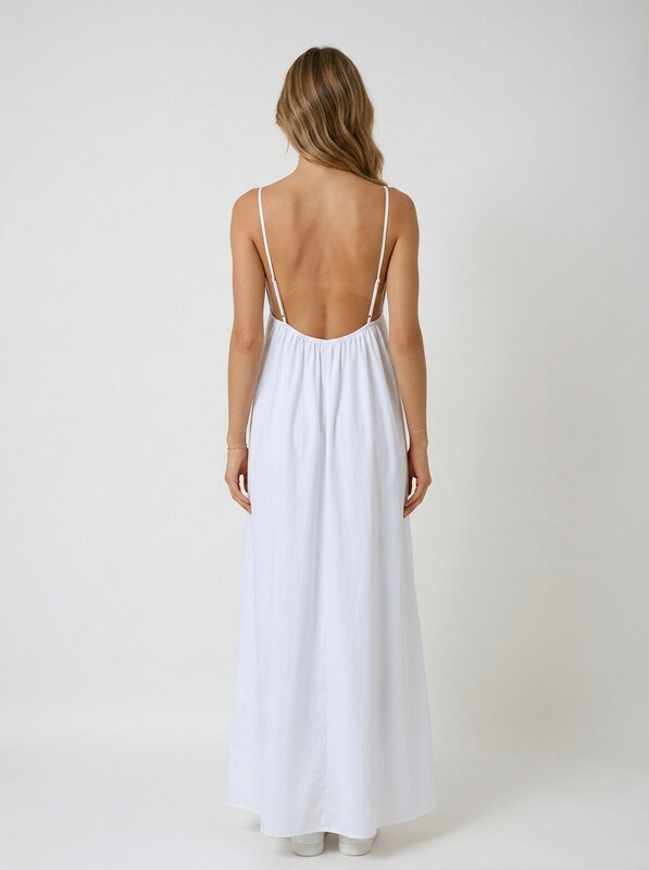 Open Back V Neck Cotton Maxi Cocktail Dress