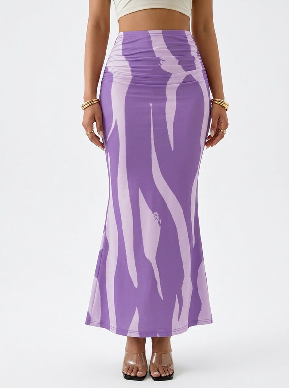Printed Pleated Ruched Maxi Skirt