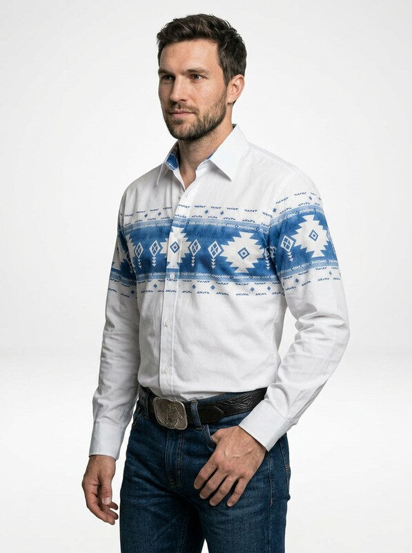 Men’s Retro Geometric Print Western Long Sleeve Cowboy Shirt