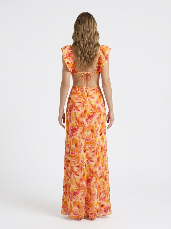 Floral Ruffle V Neck Maxi Cocktail Dress