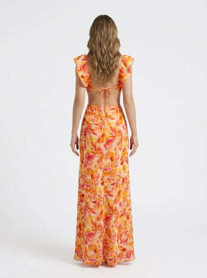 Floral Ruffle V Neck Maxi Cocktail Dress