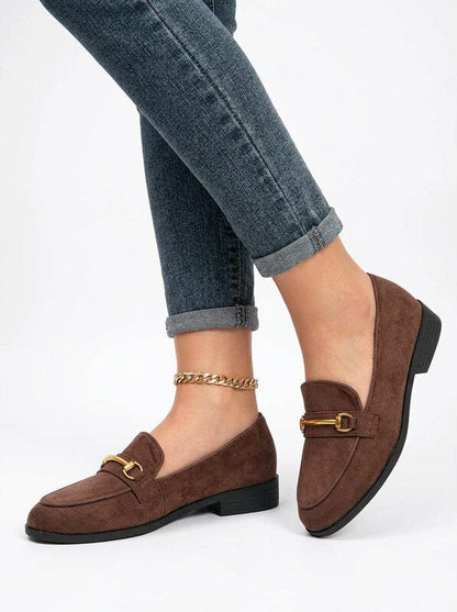 Women's Round Toe Metal Buckle Flat Loafers