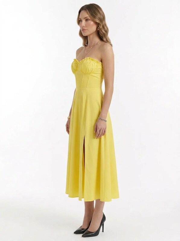 Ruched Strapless Satin Midi Dress
