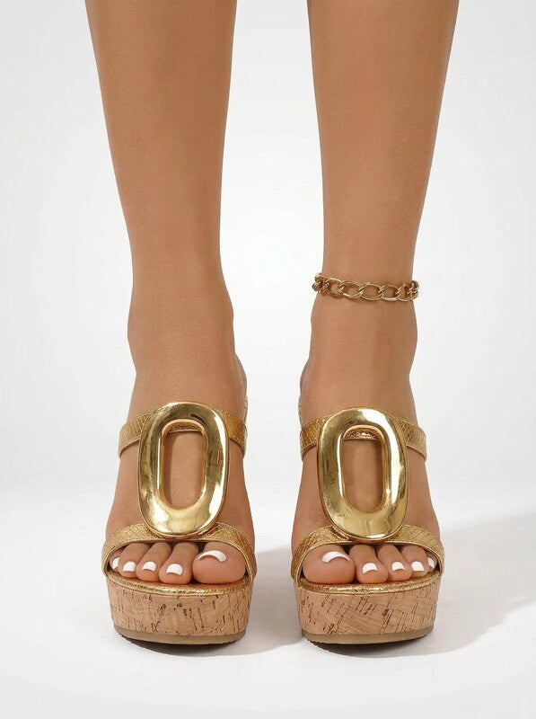 Gold Accent Cork Wedge Mules