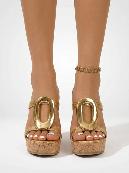 Gold Accent Cork Wedge Mules