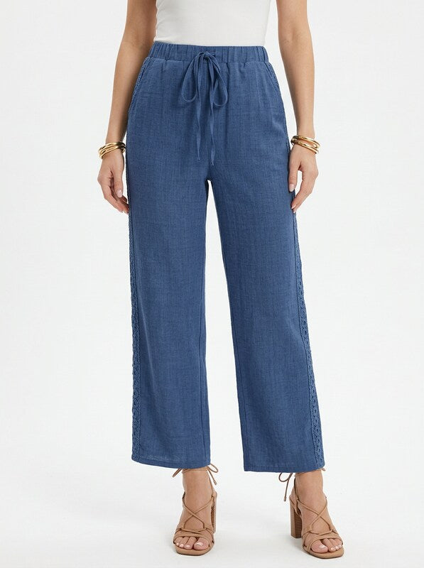 Women's Linen Blend Wide Leg Pants With Lace Hem