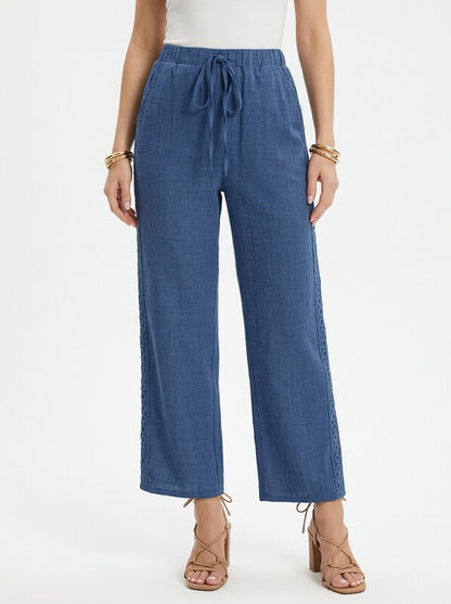 Women's Linen Blend Wide Leg Pants With Lace Hem