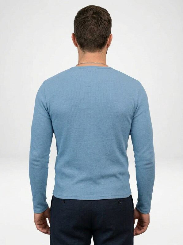 Men’s Ribbed Long-Sleeve Henley Shirt Featuring a Partial Button Front