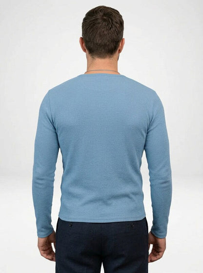 Men’s Ribbed Long-Sleeve Henley Shirt Featuring a Partial Button Front