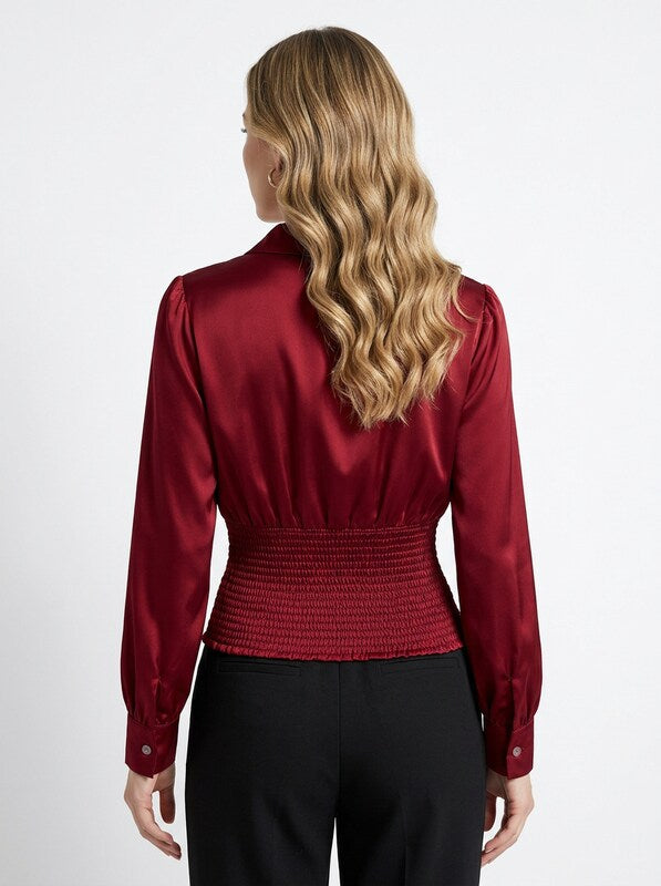 Women's Pleated Button Front Fitted Long Sleeve Blouse