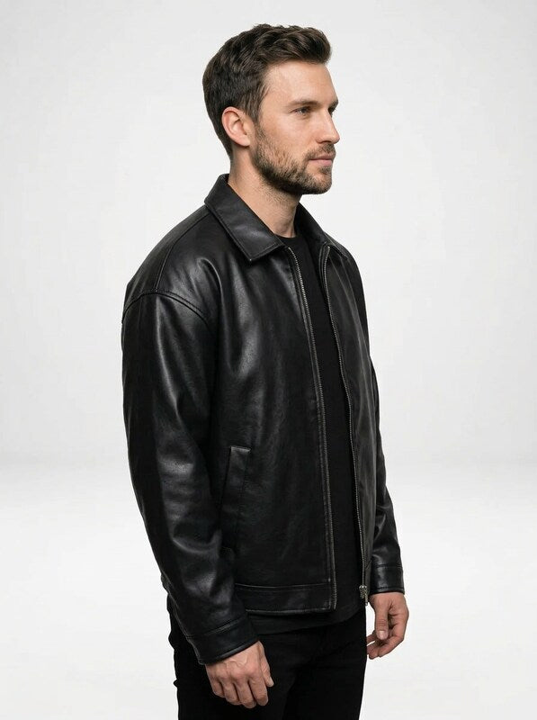 Men’s Relaxed Fit Leather Zip Bomber Jacket