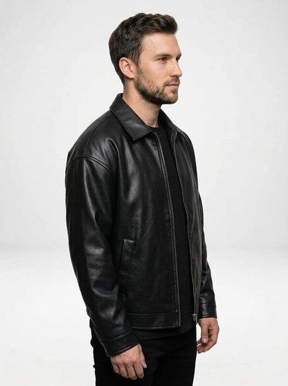 Men’s Relaxed Fit Leather Zip Bomber Jacket