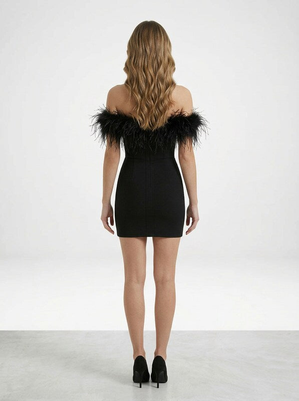 Off-Shoulder Feather Trim Mini Dress