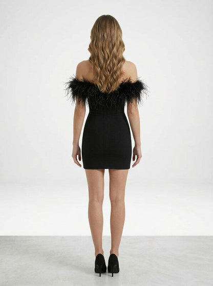Off-Shoulder Feather Trim Mini Dress