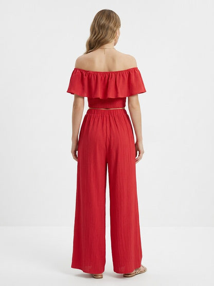 Women's Off Shoulder Ruffle Top & Wide Leg Pants Two Piece Set