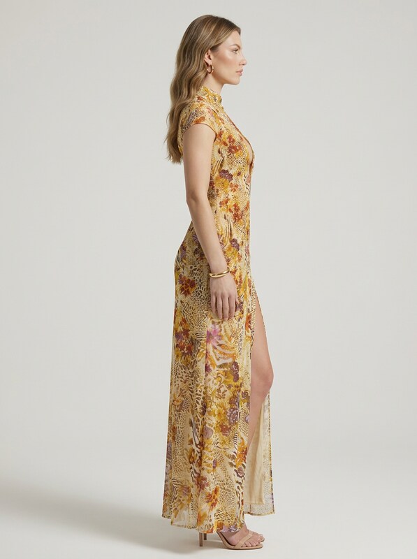 Abstract Floral Cut Out Split Thigh Mesh Maxi Dress
