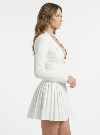 Deep V Neck Pleated Hem Blazer Dress