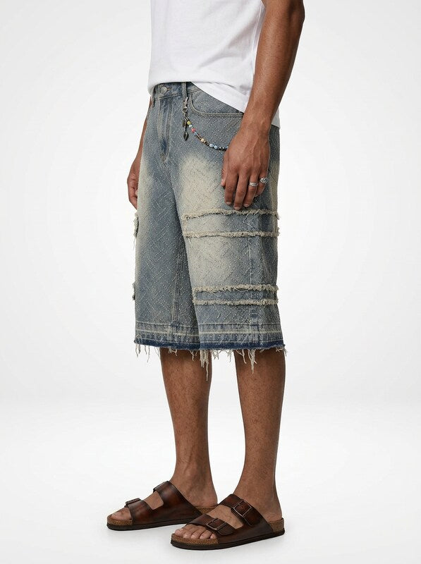 Men’s Relaxed Wide Denim Jeans Shorts Raw Hem