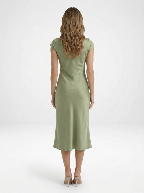 Cap Sleeve Satin Midi Cocktail Dress