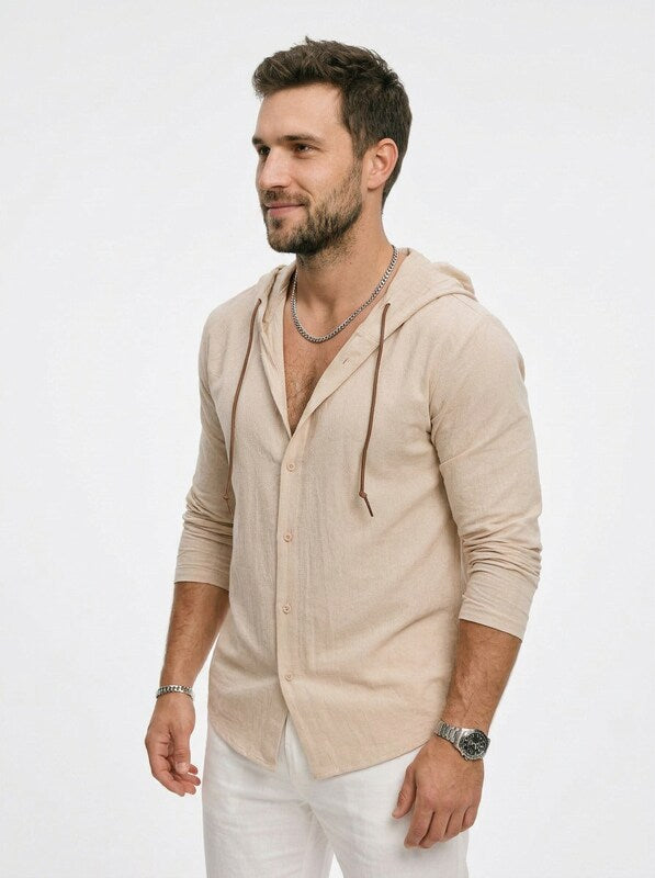 Men’s Relaxed Linen Hooded Button Up Shirt