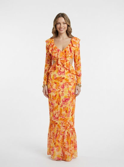 Floral Ruffle V Neck Maxi Cocktail Dress