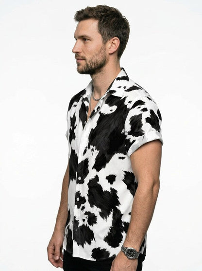 Men’s Cow Print Short Sleeve Button Up Western Cowboy Shirt