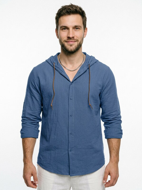 Men’s Relaxed Linen Hooded Button Up Shirt