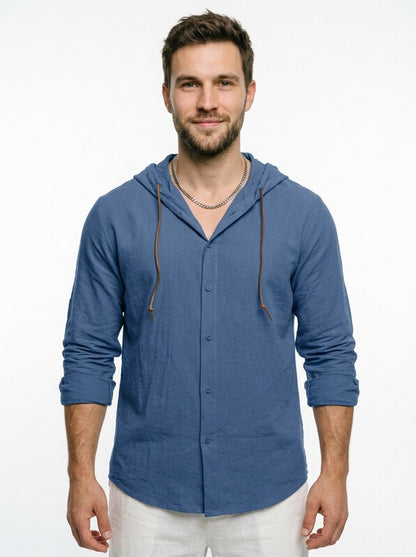 Men’s Relaxed Linen Hooded Button Up Shirt