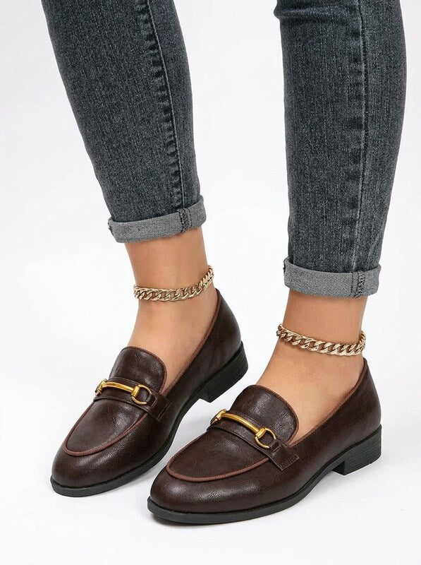 Women's Round Toe Metal Buckle Flat Loafers