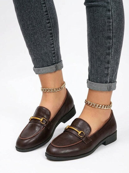 Women's Round Toe Metal Buckle Flat Loafers