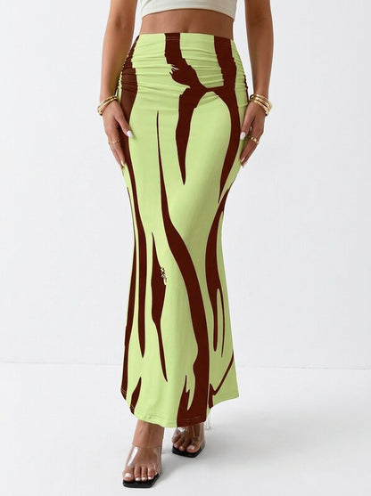 Printed Pleated Ruched Maxi Skirt