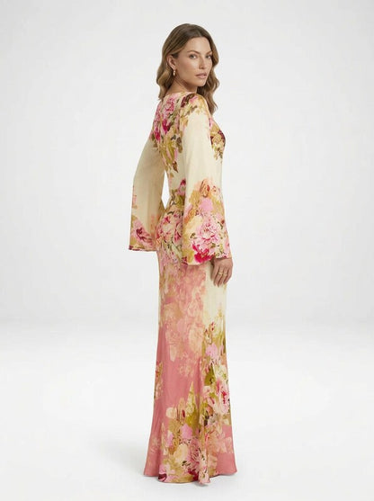 Floral Print Bell Sleeve Maxi Dress
