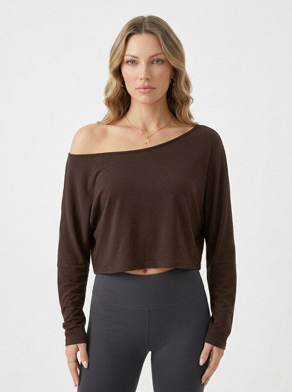 Women's Minimalist Batwing Sleeve Cold Shoulder Crop Blouse