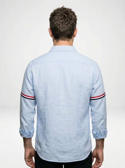 Men’s Minimal Linen Button Down Shirt with Contrast Sleeve Stripes