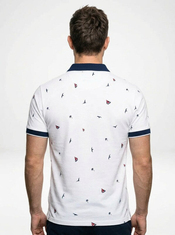 Men’s Short Sleeve Polo Shirt with All-Over Print and Contrast Trim